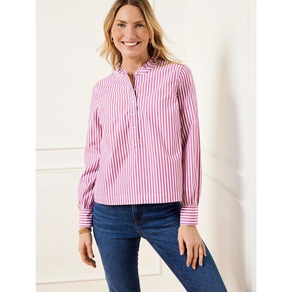 New Talbots Striped Ruffle Neck Top White Red Side Slit Button Long Sleeve Sz 2X - Picture 1 of 9